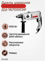 Сетевая дрель  ударная ДУ-16/1000ЭР, макс. сверления в древесине 40 мм, 1000 Вт. 57.1.3.00